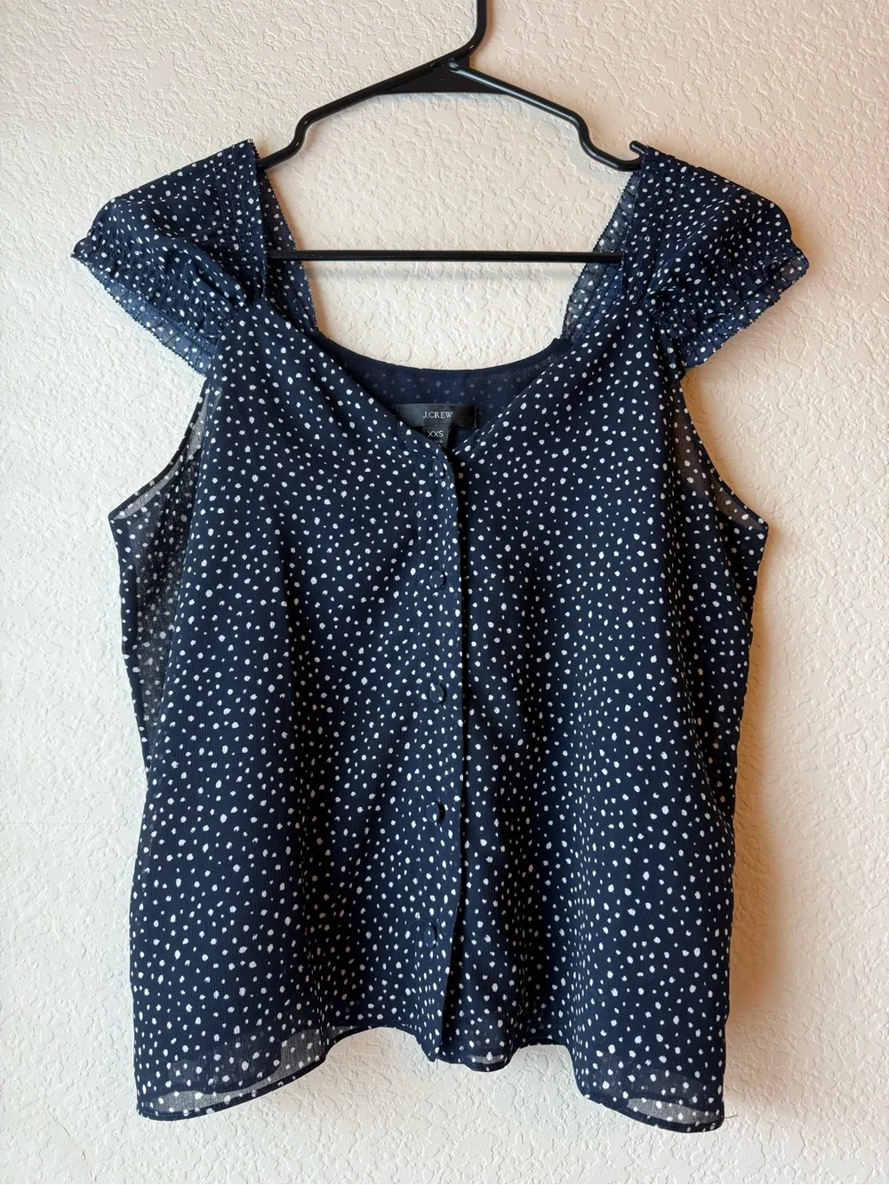 J. Crew Navy and White Dot Flutter Sleeve Blouse